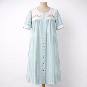 Vintage Floral Embroidered Striped Button Nightgown Size XL Blue Cottagecore 90s